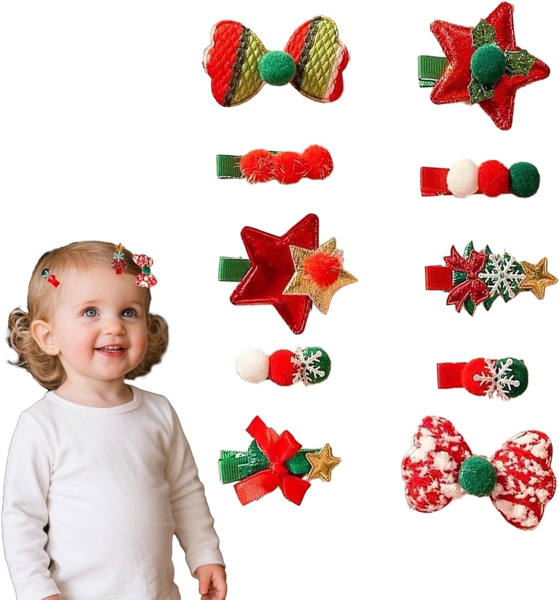 Set van 10 Glanzende Haarspeldjes voor Kerstmis - Haaraccessoires voor Kinderen met Strikken en Sterren, Perfecte Cadeaus voor Meisjes en Feestelijke Hairstyling Decoratie