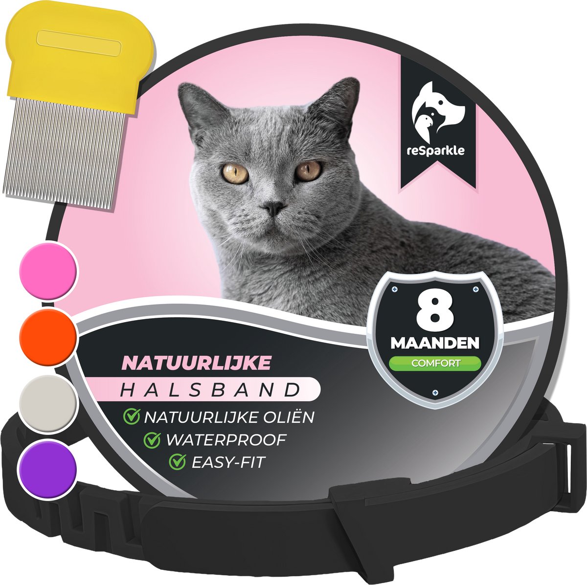 Bol.com reSparkle Halsband Kat - Natuurlijk - Inclusief Vlooienkam - Zwart aanbieding