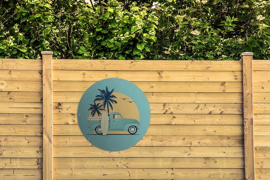 Garden Circle Car - Soleil - Planche de Surf - Dessin - 90x90 cm - Affiche Ronde de Jardin - Extérieur