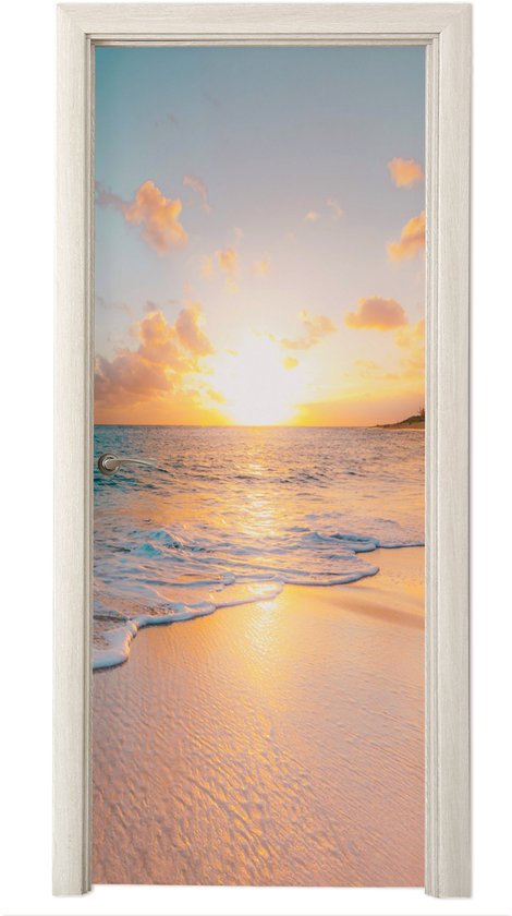 Deurposter 85x215 cm - Deursticker Zonsondergang - Strand - Zee - Zomer - Blauw - Meubelfolie zelfklevend - Deurfolie woonkamer - Interieurfolie fotobehang - Deur plakfolie - Deurstickers - Deurbehang sticker - Kamer decoratie