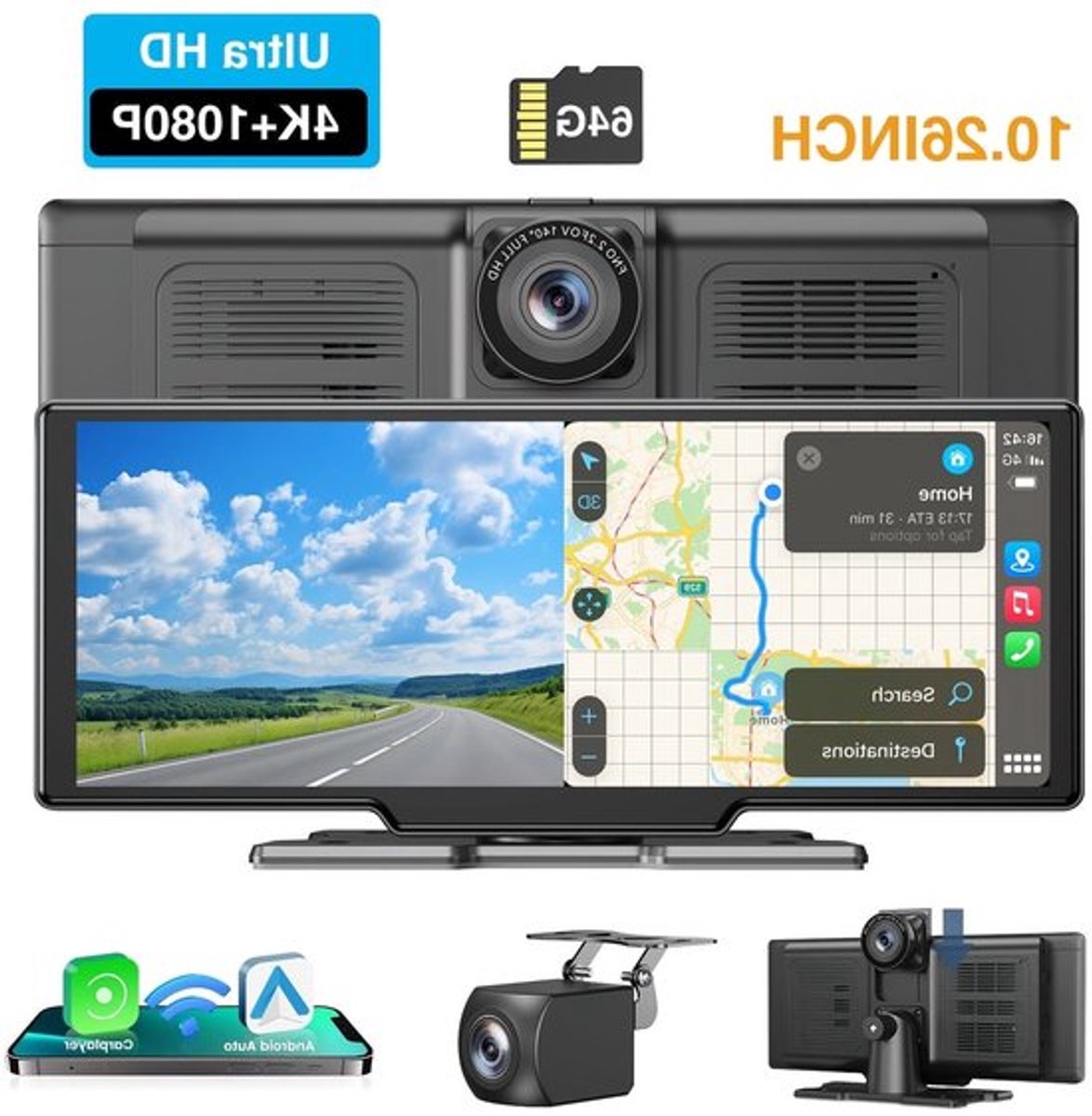 Dashcam – Auto Camera – Multimediasysteem – Recorder – Achteruitrijcamera – 10,26 Inch IPS Touchscreen – 4K Voorcamera & 1080p Achtercamera – Draadloze CarPlay & Android Auto – 64GB Geheugenkaart