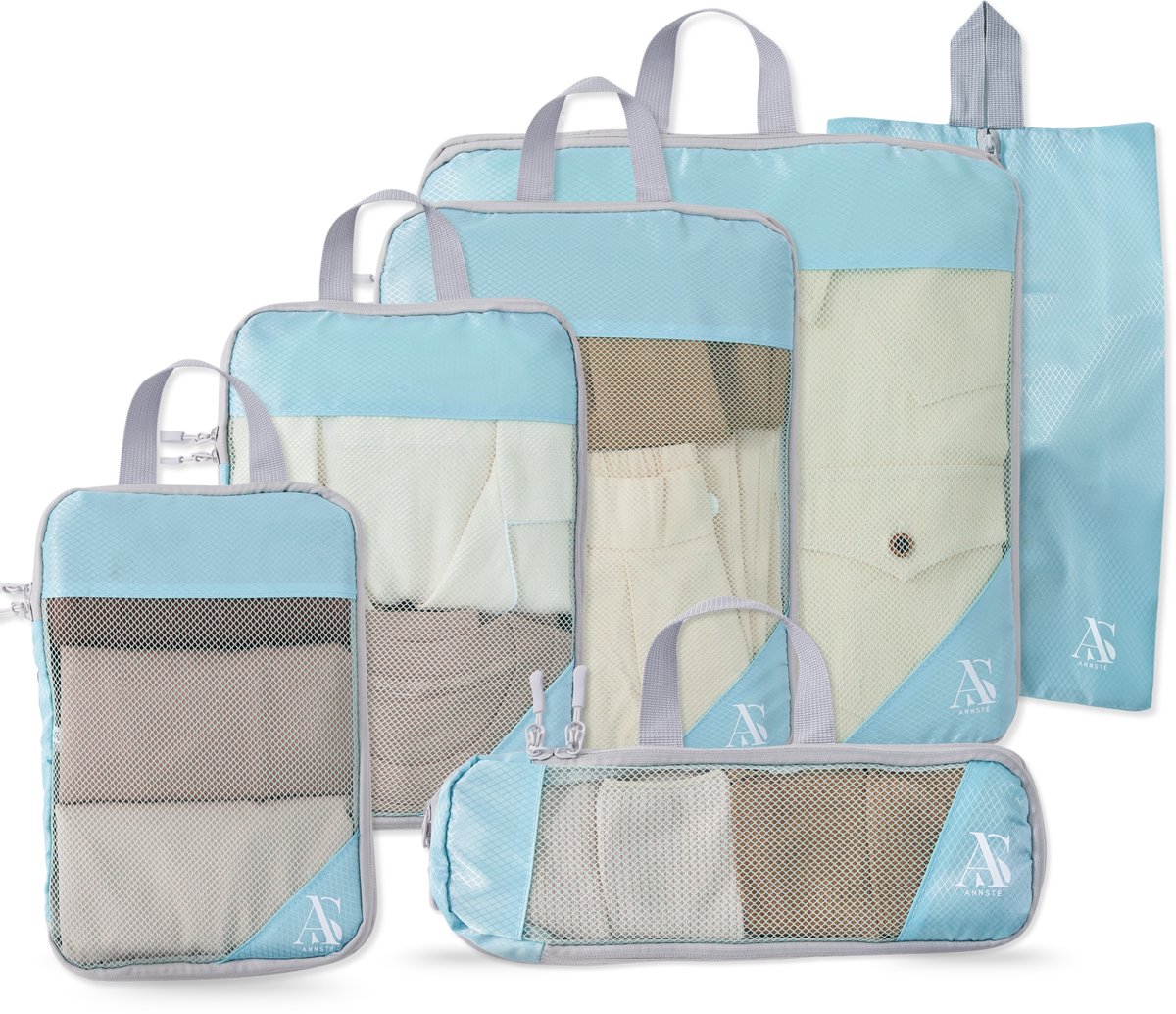 ANNSTÉ® - Compressie Packing Cubes - Packing Cubes Compression - Reiszakken voor Koffer - Packing Cubes met Compressierits - Bagage Organizer - Compression Cube - Koffer Organizer Set - Bag Organizer - Reistassen - Reis Organizer - 6 Stuks - Mint