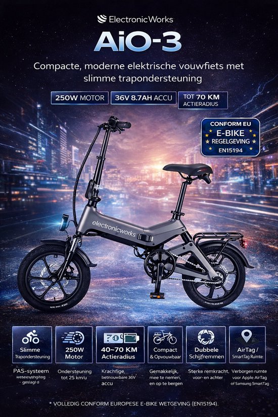 ElectronicWorks AiO-3 - Elektrische Fiets - 16 Inch E-Bike - 36V 8.7Ah - 250W - Opvouwbaar - Anti-Diefstal - Terugvind systeem - Zilver van ElectronicWorks — afbeelding 2