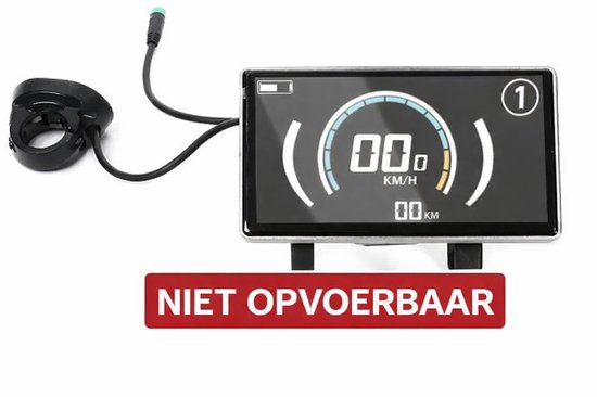 OUXI display scherm met snelheidsmeter, 'NIET OPVOERBAAR' tekst, op witte achtergrond.