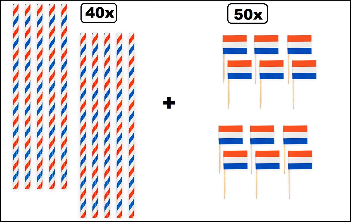 40x Papieren rietjes landen Nederland 20cm + 50x Cocktail vlag prikkers Nederland - Koningsdag WK Holland festival themafeest party