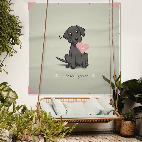 Tuinposter 200x200 cm - Tuindecoratie Een illustratie van een zwarte puppy met een hart - Poster voor in de tuin - Buiten decoratie - Schutting tuinschilderij - Tuindoek muurdecoratie - Wanddecoratie balkondoek