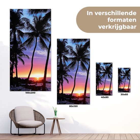 Affiche clôture Une silhouette de palmiers lors d'un coucher de soleil sur Hawaï - 100x200 cm - Toile jardin