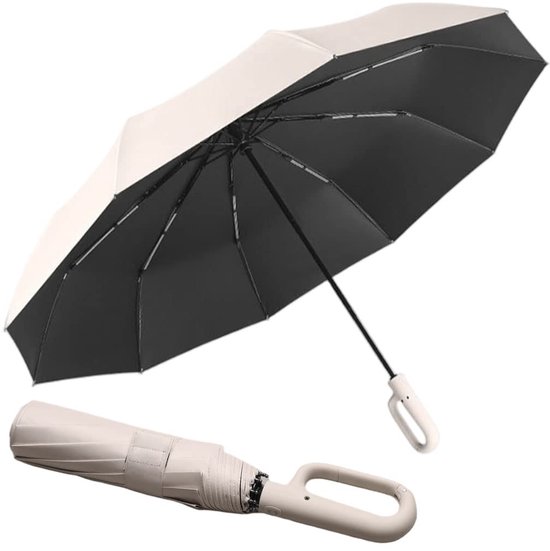 Parapluie avec mousqueton - Parapluie - Parapluie à 10 baleines - Ouverture automatique - Parapluie rond - Parapluie portable (beige)