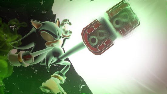 Shadow de egel met een groene gloed en een hamer.
