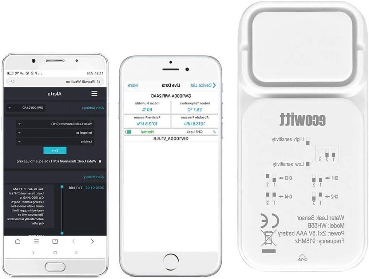 Waterlekdetector Sensor - Draadloze Detector - Huis Beveiligen - 90dB Audio Alarm - Meerkanaals Model - Wit