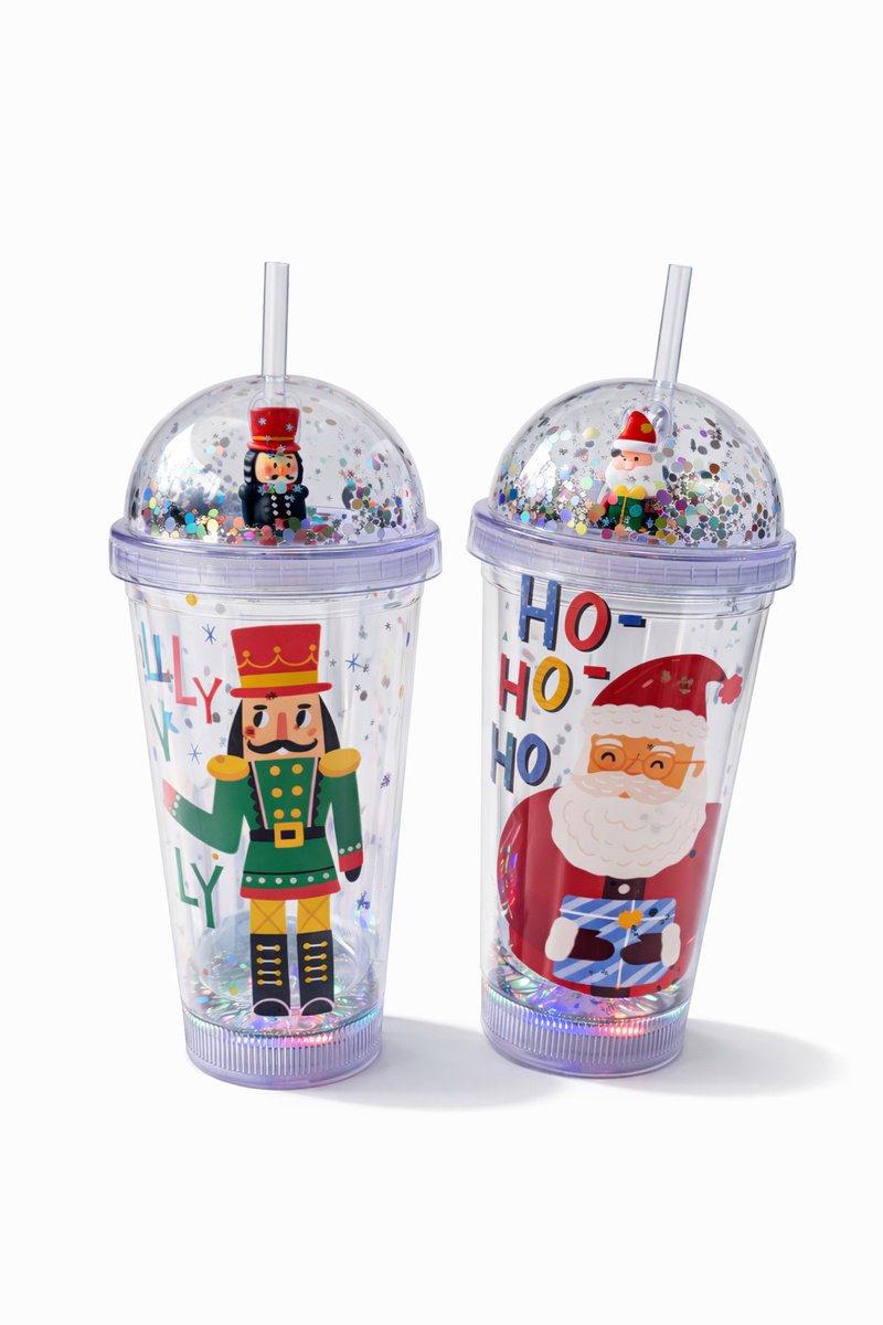 EasyMart Kerst & Sinterklaas Drinkbekers Set van 2 met Rietje en Glitters – LED Bekers incl. Batterijen – Santa & Notenkraker