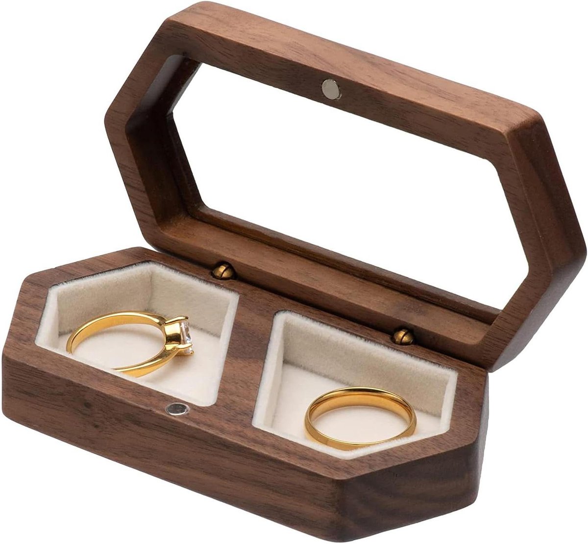 Houten Ringendoos - Bruidssieraad Doosje - Ring Presentatie - Dubbele Ring Houder - 10x5x3 cm - Bruin