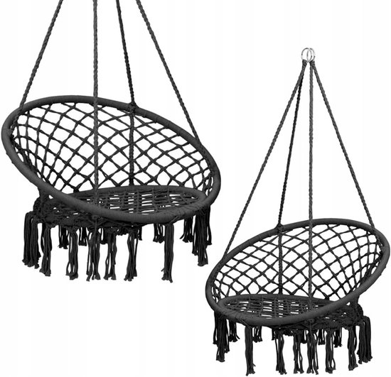 Boho Hangstoel -Macramé Hangstoel - Tot 200 Kg - Schommelstoel Buiten - Hangstoel Tuin - Boho Schommel - Geen zitkussen inbegrepen - Zwart