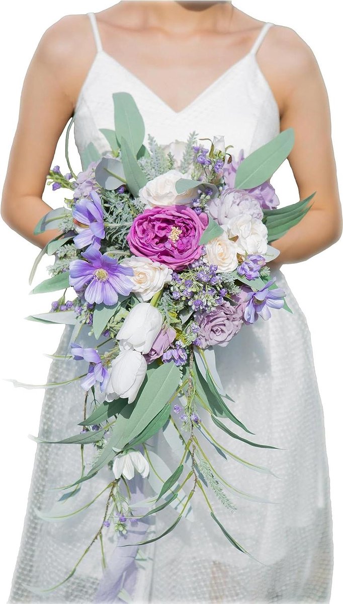 12 inch paarse bruiloft boeket stof Austin Rose Mix kunstbloemen, trapsgewijze bruids boeket voor huwelijksceremonie verjaardag, bruids douche, feest en Franse rustieke vintage bruiloft