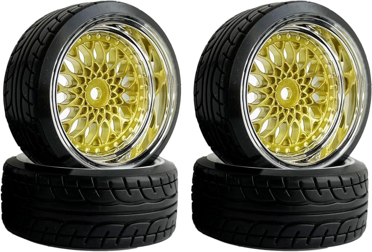 KINGCOO RC Drift Autobanden, 4 stuks 62 mm harde drift kunststof wielbanden met velgen voor 1:10 RC On Road Run-Flating racewagens voor Tamiya HSP HPI Kyosho onderdelen (goud zilver, offset 6 mm)