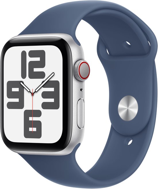 Zilverkleurige Apple Watch SE 44mm met denim sportband, gedraaid naar links.