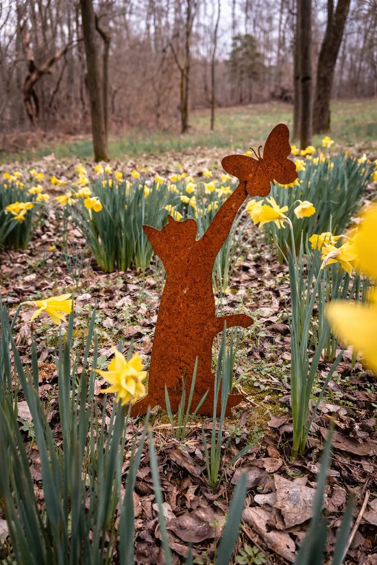 Chat avec papillon - Décoration de jardin – Ornement de jardin - Acier Corten - Silhouette métallique à planter dans le sol – Produit localement - Piquet de sol - Piquet de jardin