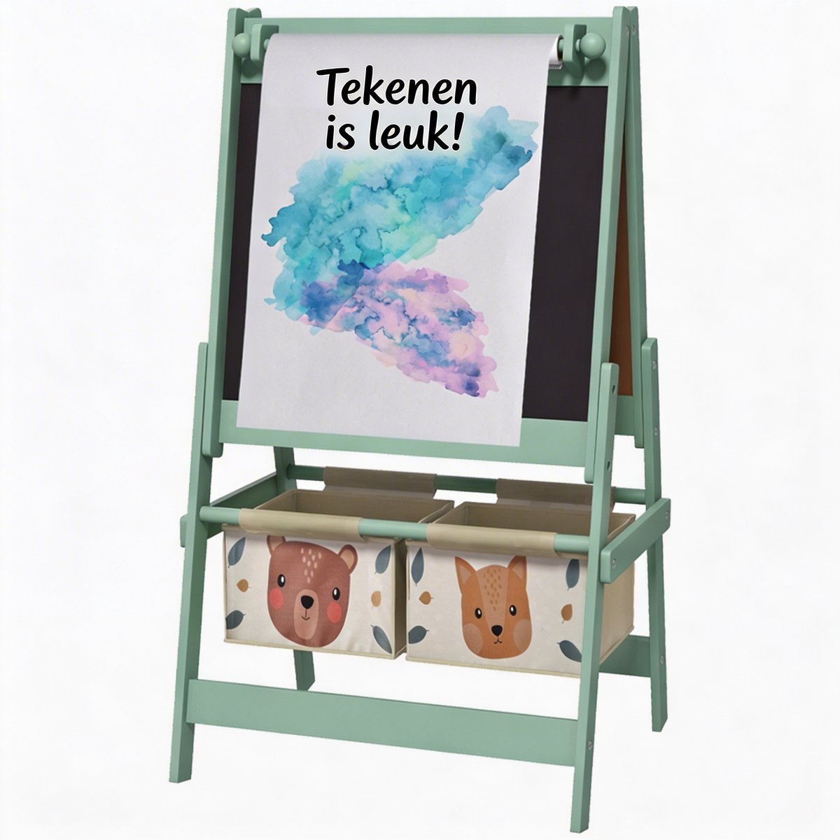 Kinderezel - ROLIPO 3-in-1 schildersezel voor kinderen met whiteboard, krijtbord, papierrol en opbergmanden - houten tekenezel voor kinderkamer en speelhoek vanaf 3 jaar - groen - 54 x 46,5 x 93 cm
