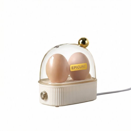 Witte eierkoker met glazen deksel, voor twee eieren, met gouden knop en aan/uit knop.