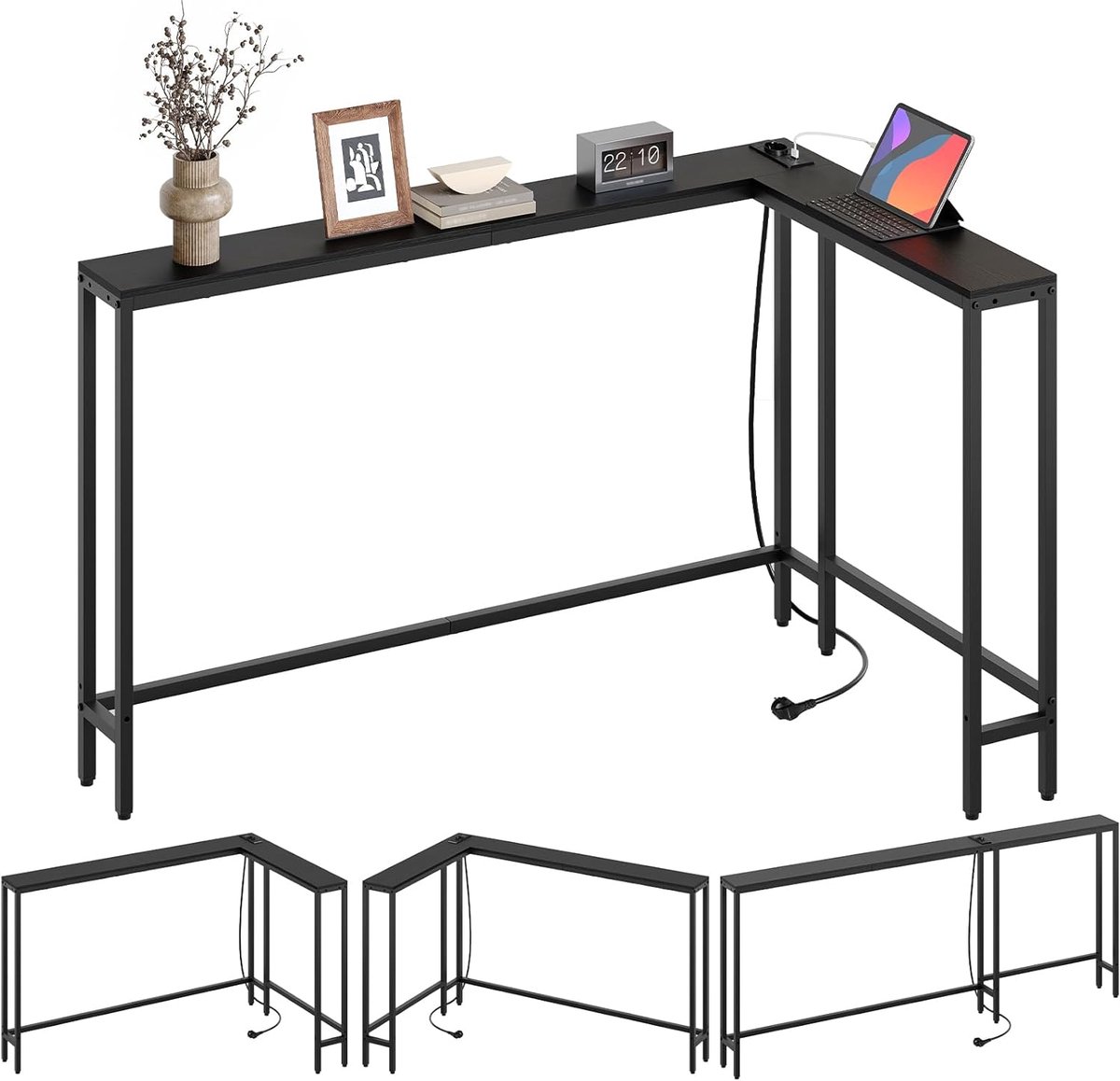 HOMESY Consoletafel smal, 180 cm L-vormige ingangstafel, 15 cm brede gangtafel, 3 combinatiemodi, 1 stopcontact en 2 USB-poorten, voor woonkamer, hal, achter de bank, zwart