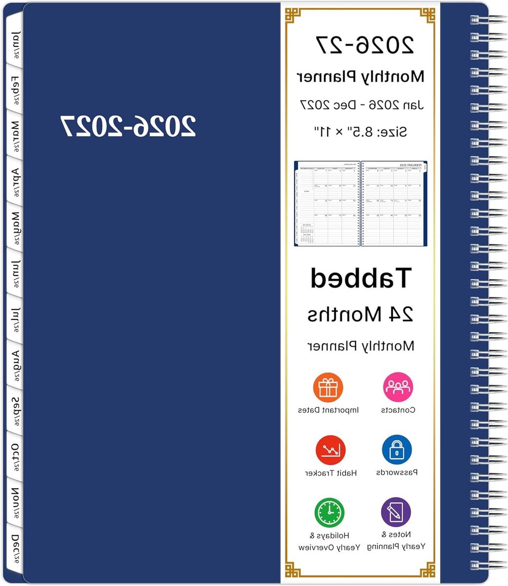 Maandplanner 2026-2027 - Agenda Spiraalagenda - Planning Thuis Kantoor - 24 Maanden Tabbladen - 8.5 x 11 Inch - Blauw
