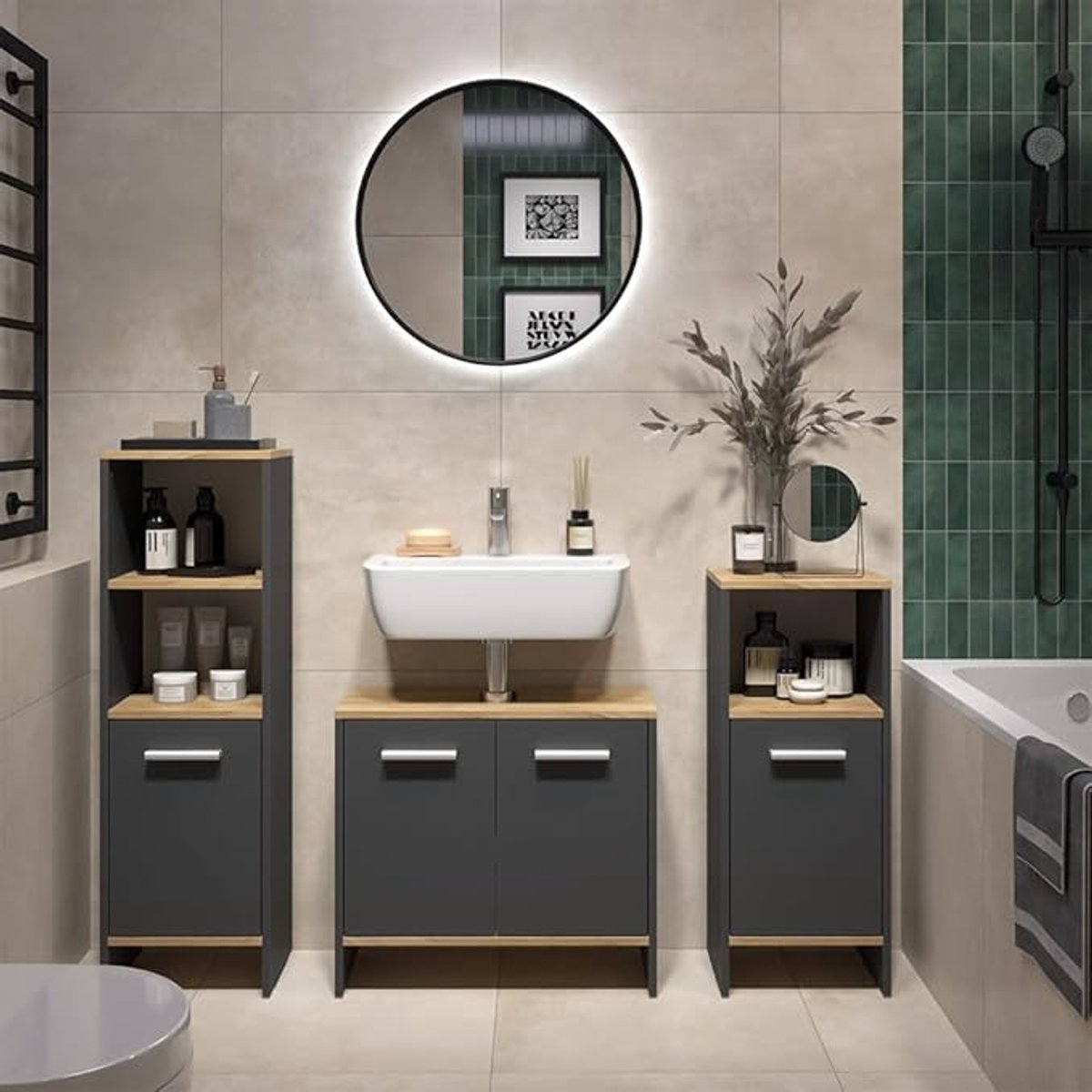 Badkamermeubel set 3-delig 131,4 cm – wastafelonderkast, spiegelkast en hoge kast, modern design anthraciet & eiken – Urbanhome