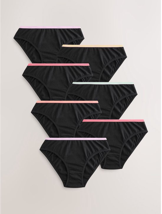 Zwart katoen, zeven bikinislips met gekleurde, contrasterende taillebandjes: lichtroze, geel, perzik, mintgroen en lavendel.