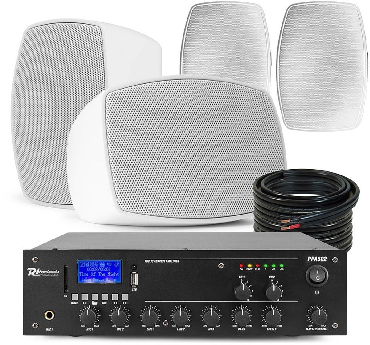 Power Dynamics set van 4 buiten speakers en 2-zone 100V versterker met Bluetooth - Wit