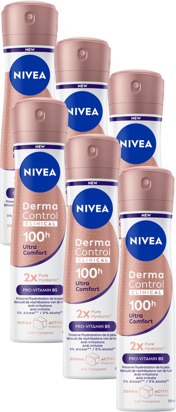 NIVEA Derma Control Clinical Ultra Comfort Deodorant Spray - 100u Anti‑transpirantbescherming - Provitamine B5 - Voordeelverpakking - 6x150ml