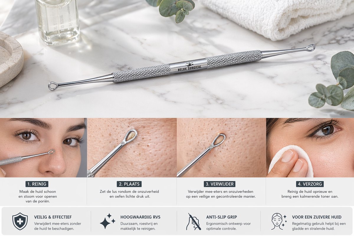 Belux Surgical Comedonen Lepel – Dubbelzijdige Mee-eter Verwijderaar RVS | Blackhead Remover Tool