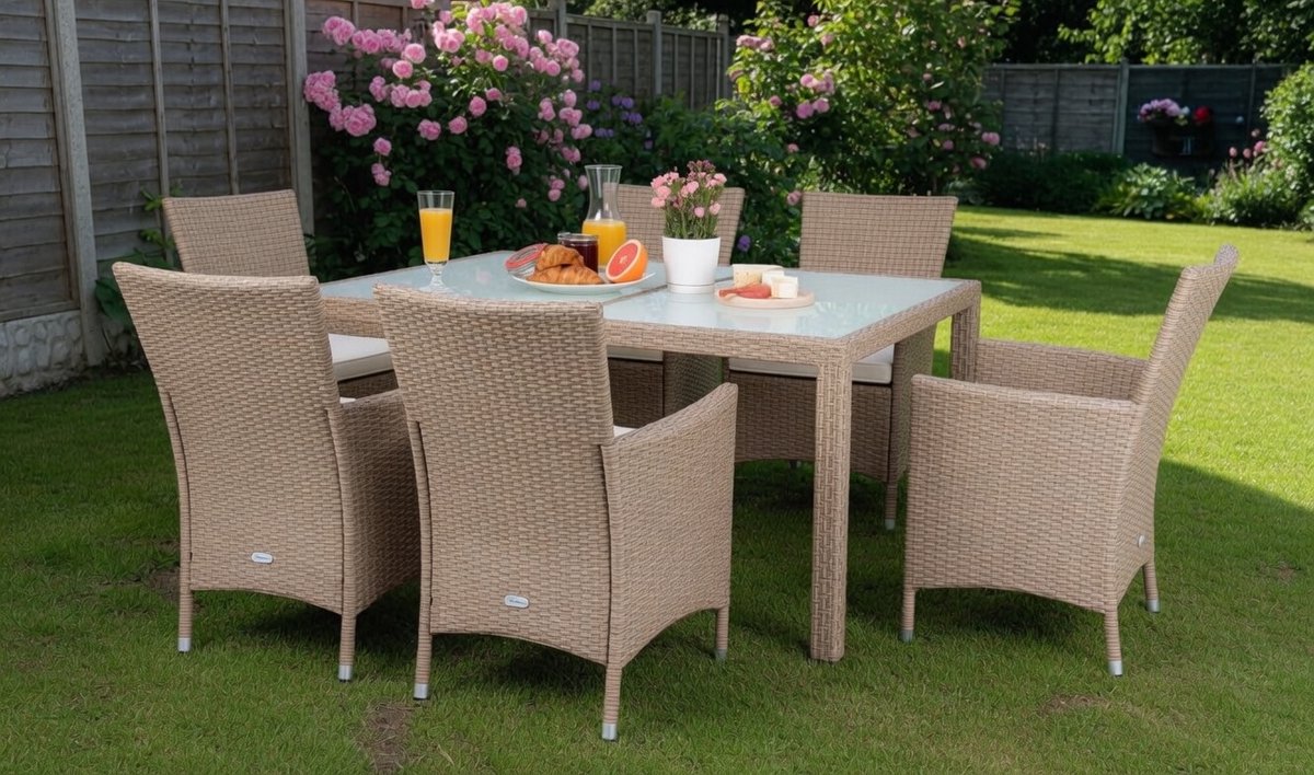 Lounge tuinmeubelset Depauwonen Verona – 8-persoons rieten loungeset met verstelbare tafel en glazen blad – comfortabele tuinstoelen met kussens – moderne rotan-look tuinset voor terras en tuin