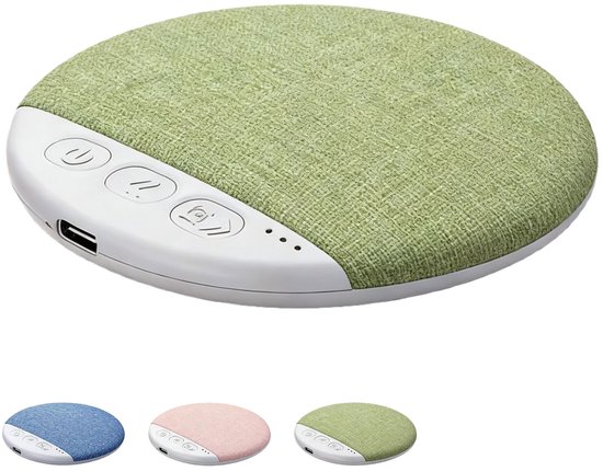 Haut-parleur portable rond en vert, bleu et rose. Panneau blanc avec boutons de commande et port USB.