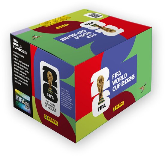 Boîte de stickers Panini FIFA World Cup 2026, avec la coupe et le texte 'FIFA World Cup 2026'. Design coloré.