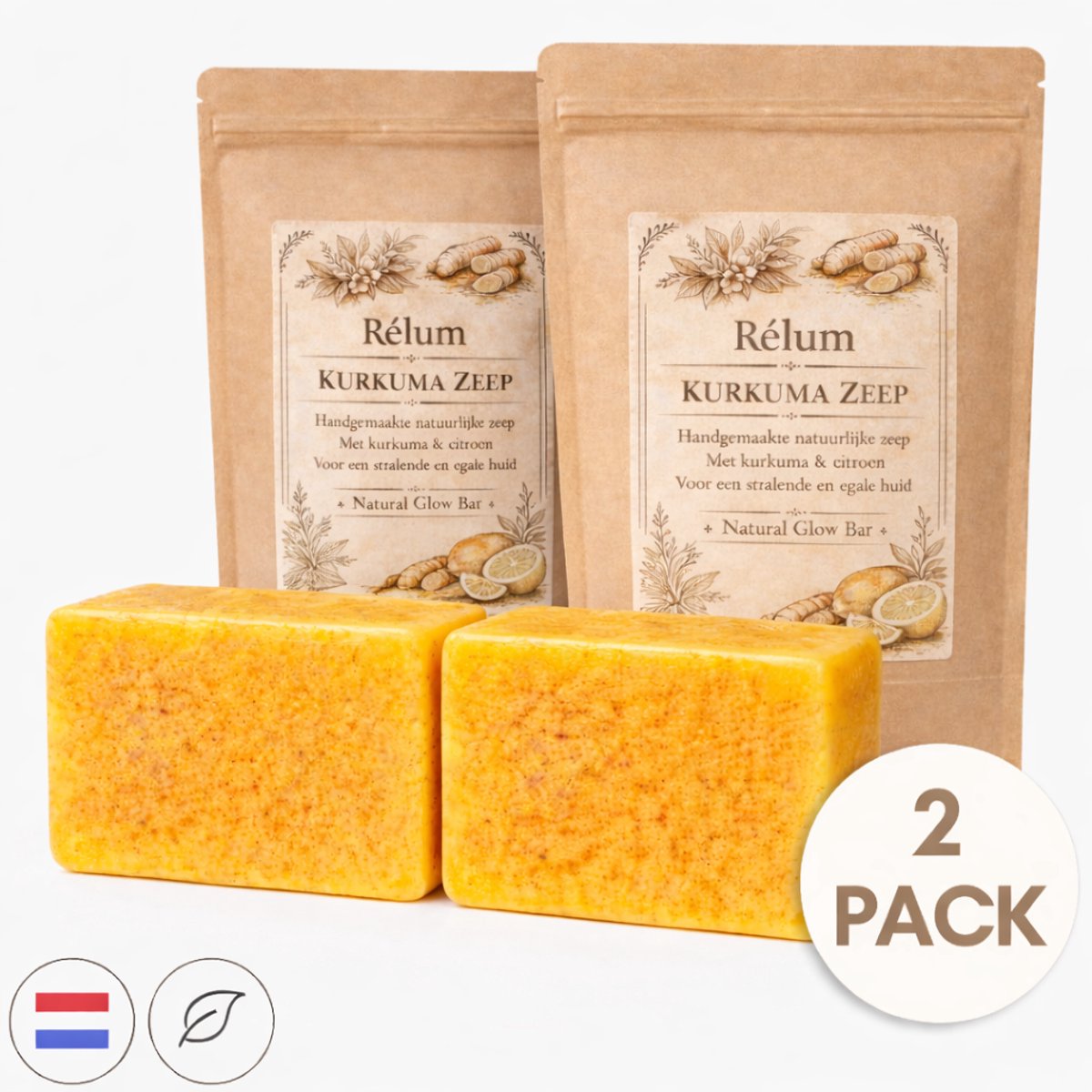 Rélum Turmeric & Kojic Acid Soap Duo-Pack - Collageen Booster Bar - Kurkuma zeep - Dark spot remover / Pigmentvlekken verwijderen - Anti Acne- Anti Littekens - Met CoQ10 Anti Rimpel & Celvernieuwing - Alternatief Kojic Acid zeep - 100g