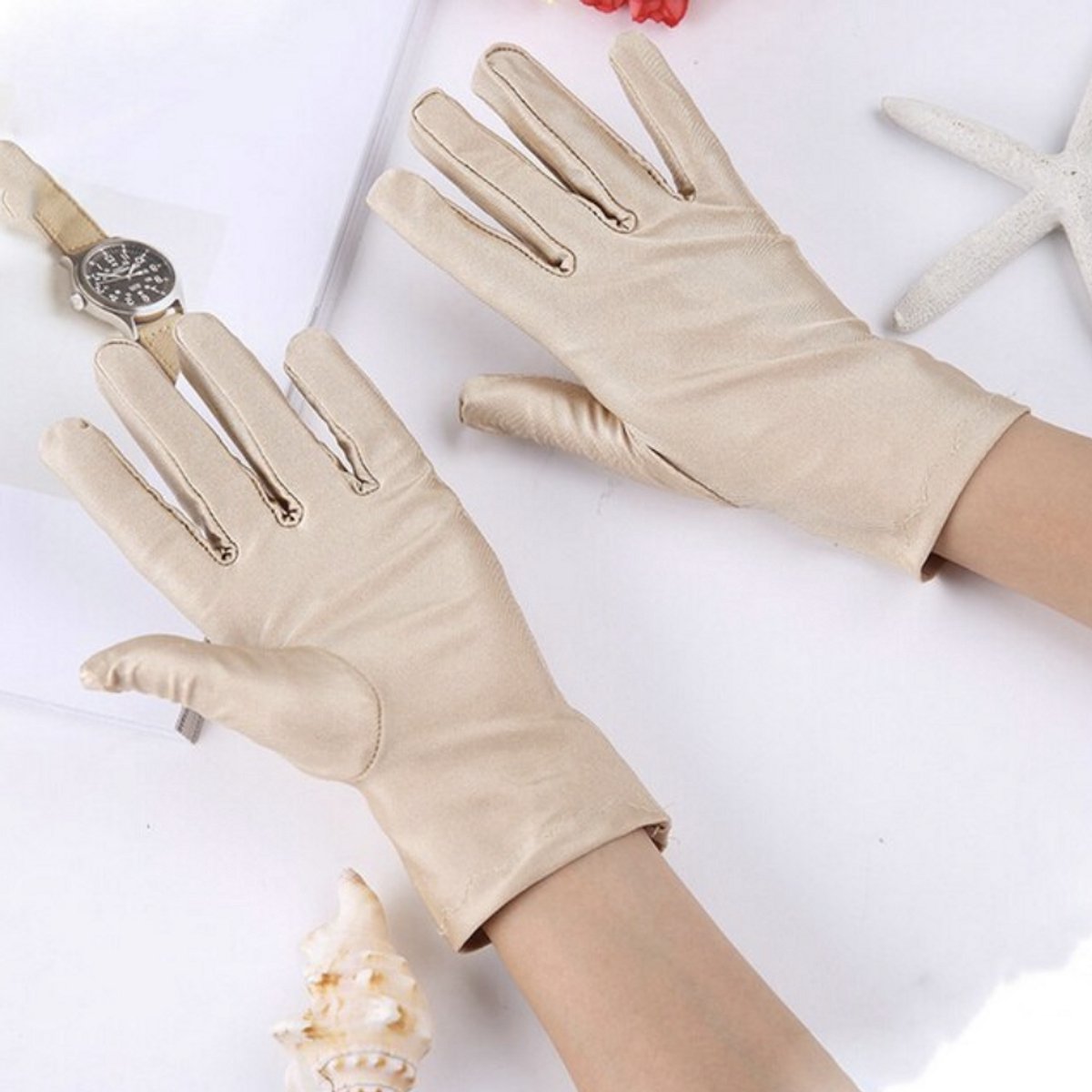Vrouwelijke handschoenen beige - Dames handschoenen Rose goud maat ML 3Paar