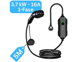 Mobiele Thuislader type 2 vanaf stopcontact - 5 meter - 3,7 kW - IP67 Waterdicht - 6A/8A/10A/13A/16A - 1 Fase - TPU kabel - Uitgesteld laden functie / Timer functie / Memory functie | 2 Jaar Garantie | Mobiele lader type 2 naar schuko