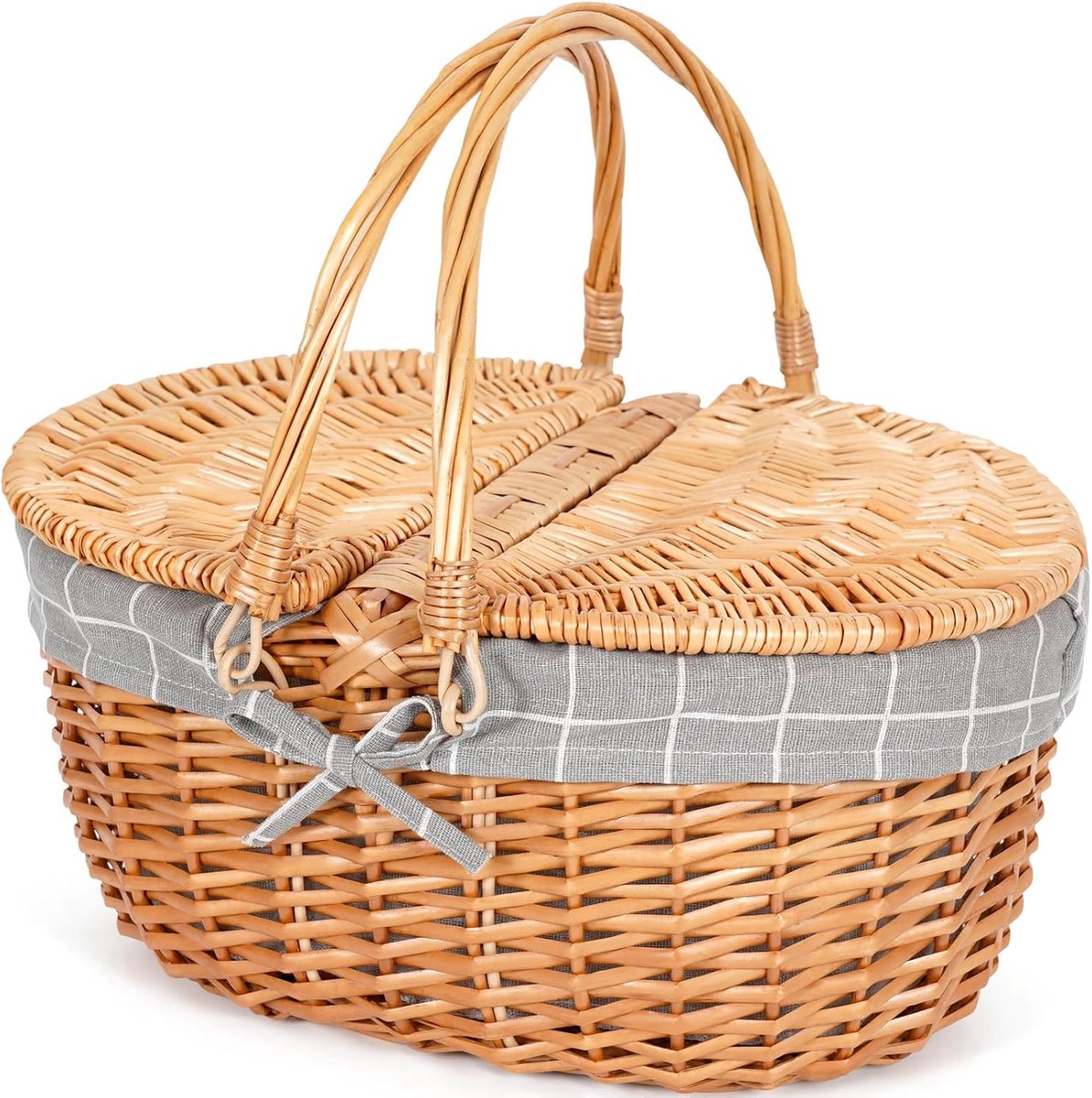 Picknickmand met Handvat, Deksel en Verwijderbare Voering - Picknick Mandje - Boodschappenmand - Fruitmand - Winkelmand - Rieten Mand - Wilgenhout - Grijze Check - 29 x 39,9 x 18,8 cm - van Imperatoris