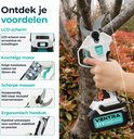 Elektrische snoeischaar met wit met zwart handvat, turquoise knop en een LCD-scherm dat de status weergeeft. Een hand wordt getoond die de schaar vasthoudt.