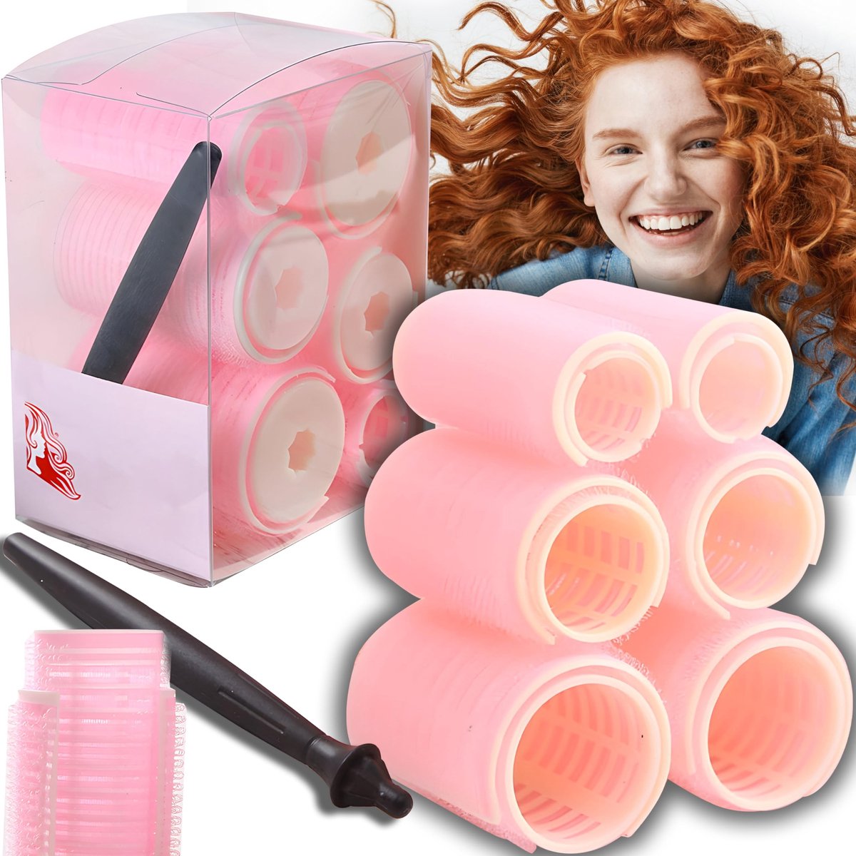Retoo Curlers Haarrollers 6 Stuks Zelfklevende Clips voor Professionele Krullen 25mm 43mm Roze
