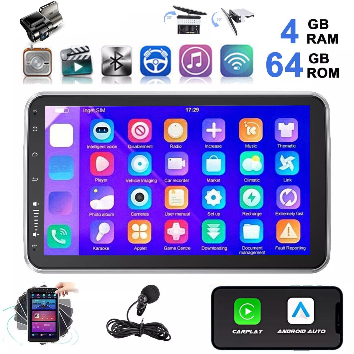 ESSGOO 1DIN Autoradio 360° draaibaar scherm - Android 15 - 4+64G - Draadloos Carplay & Andriod Auto - Bluetooth - GPS-navigatiesystem - Microfoon - Wifi Bluetooth - Dashcam