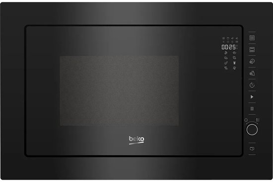 Zwarte Beko inbouwmagnetron met glanzende deur, digitaal display en bedieningspaneel aan de rechterzijde.