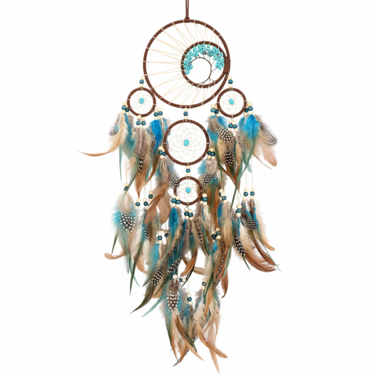 Dromenvanger met Veren & Kralen – Dreamcatcher Turquoise – Boho Wanddecoratie Slaapkamer – 15 x 80 cm