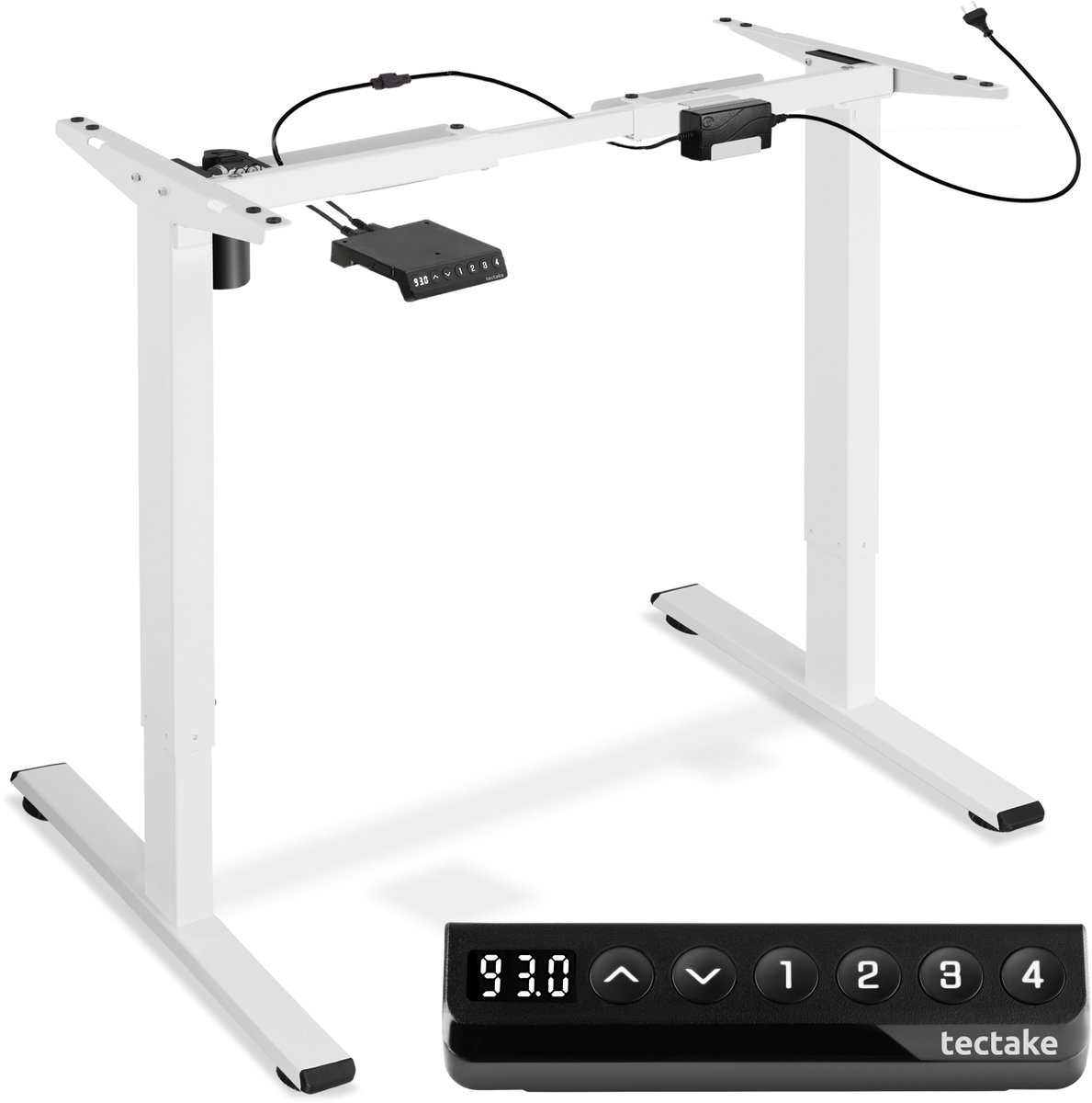 tectake® Tafelframe - Elektrisch in hoogte verstelbaar - Verstelbaar bureau van staal - Variabele framebreedte, geheugenbediening en alarmfunctie - Max. werkhoogte 121cm - Wit