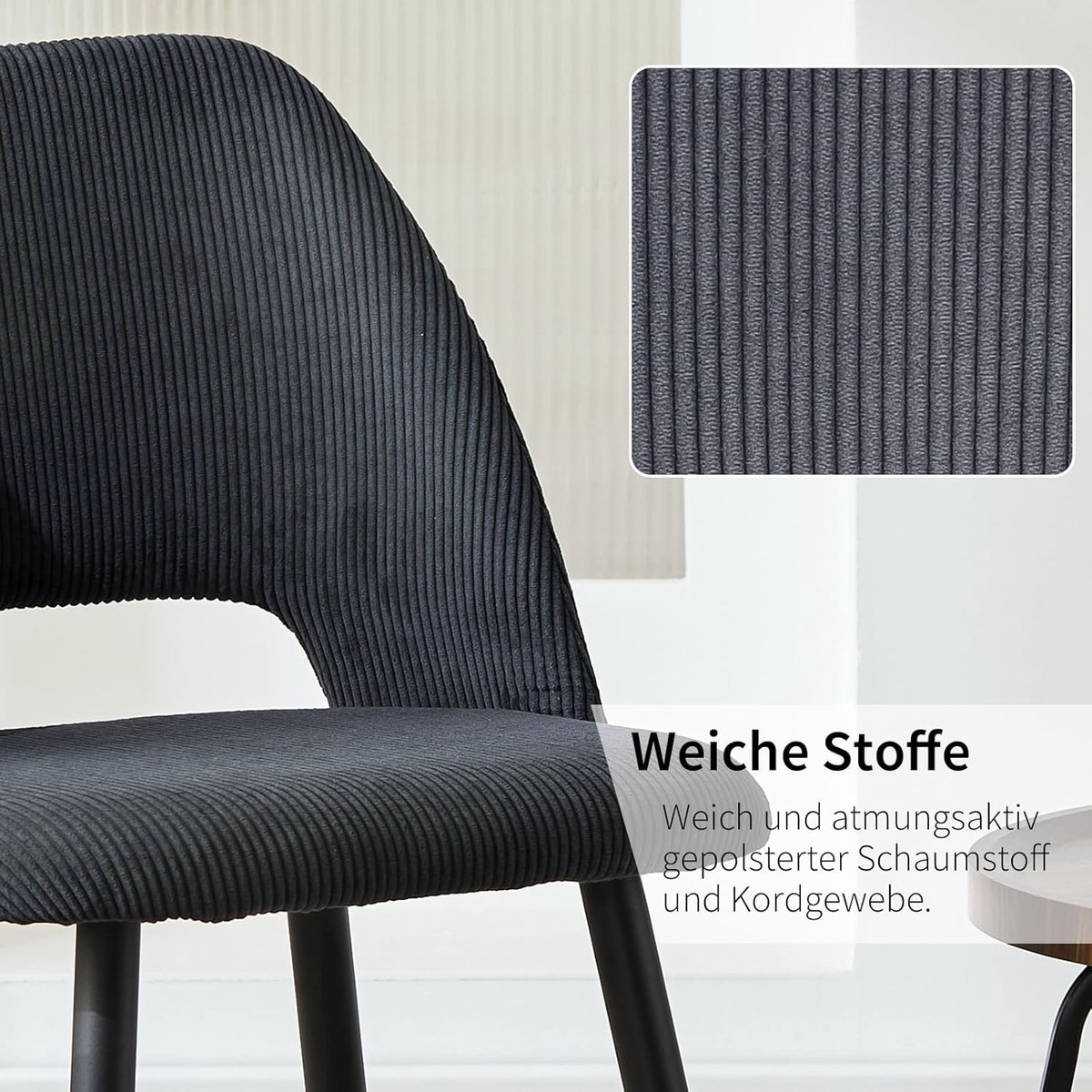 Eetkamerstoelen Set van 4 – Moderne Zwarte Corduroy Stoelen met Ergonomische Rugleuning, Metalen Pootjes en Verstelbare Voetkappen – 45 x 48 x 80 cm – Comfortabele Keuken- en Woonkamerstoelen – Laura