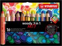 Pak van 10 STABILO woody 3 in 1 ARTY multitalent potloden en puntenslijper, met kleurrijke cirkels op de verpakking.