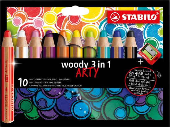 Pak van 10 STABILO woody 3 in 1 ARTY multitalent potloden en puntenslijper, met kleurrijke cirkels op de verpakking.