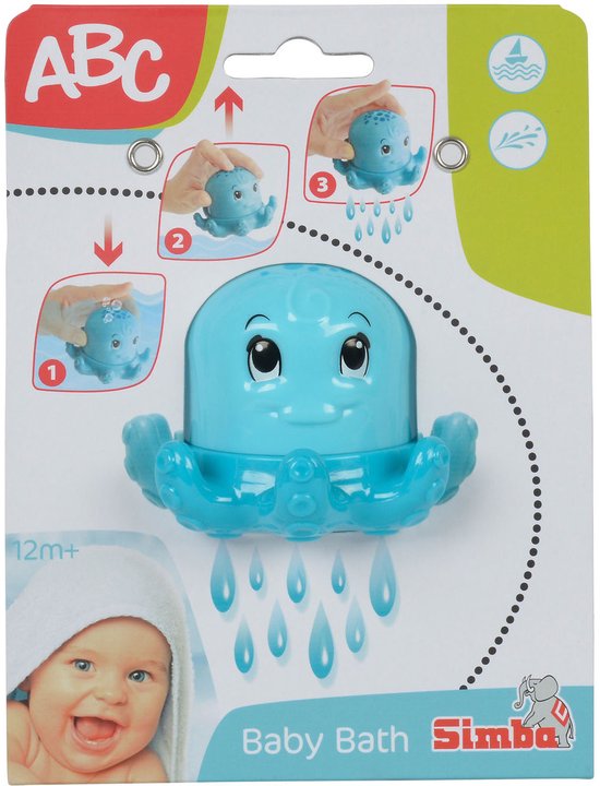 Blauwe octopus badspeeltje met lachend gezichtje, tentakels en waterdruppels. Geschikt voor 12m+.