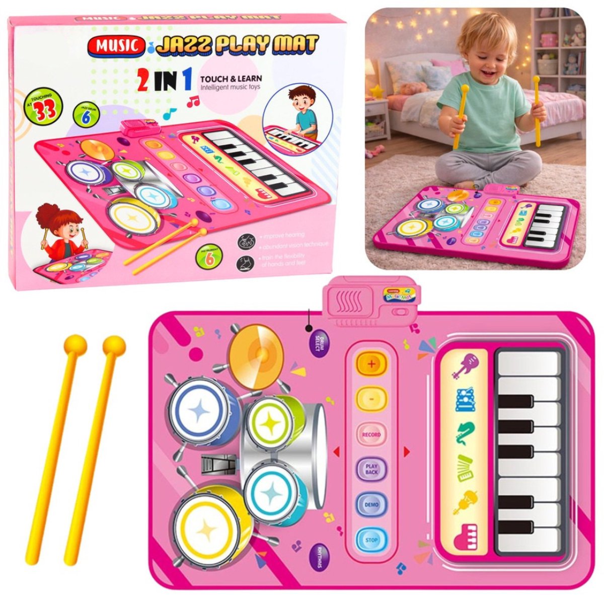 Playos® - 2 in 1 Muziekmat - Roze - Piano en Drumstel - met Opnemen en Afspelen - Antislip - Muzikaal Speelgoed - Peuters en Kleuters