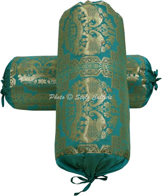 Ethnic Tubular Sofa Bolster Cushion Covers Emerald Green Gold Elephant Roll Cushion Silk Round Tube Cushion Flowers Decorative Brocade Cushion Covers - (76x38cm) - Set of 2 — afbeelding 3