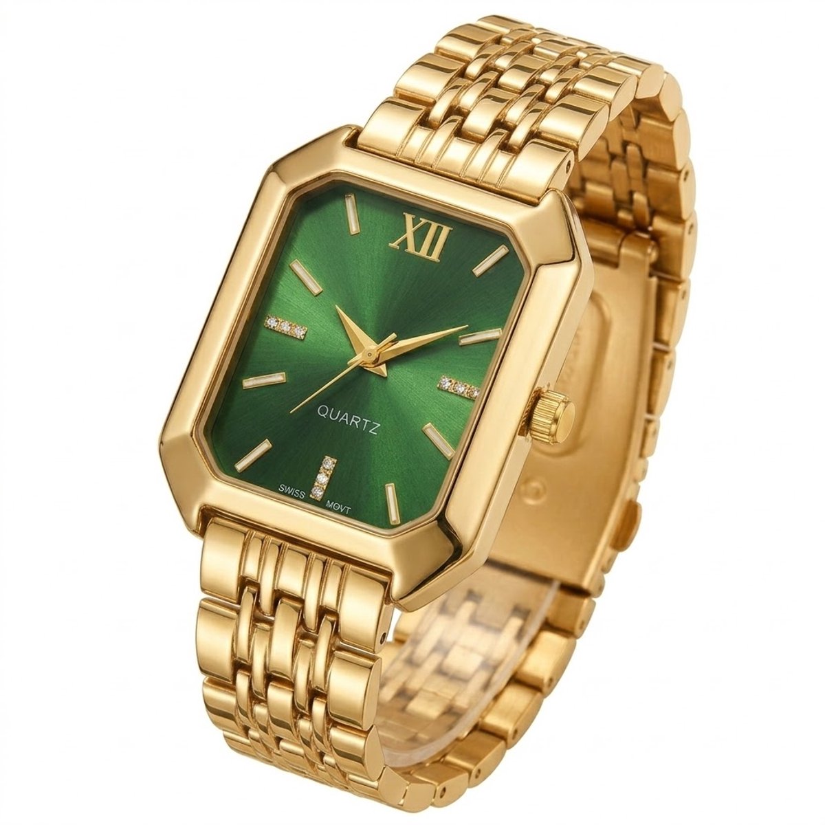 Goudkleurig analoog horloge dames - rechthoekig uurwerk met groene wijzerplaat en Romeins cijfer detail - elegante goudkleurige schakelband - quartz horloge